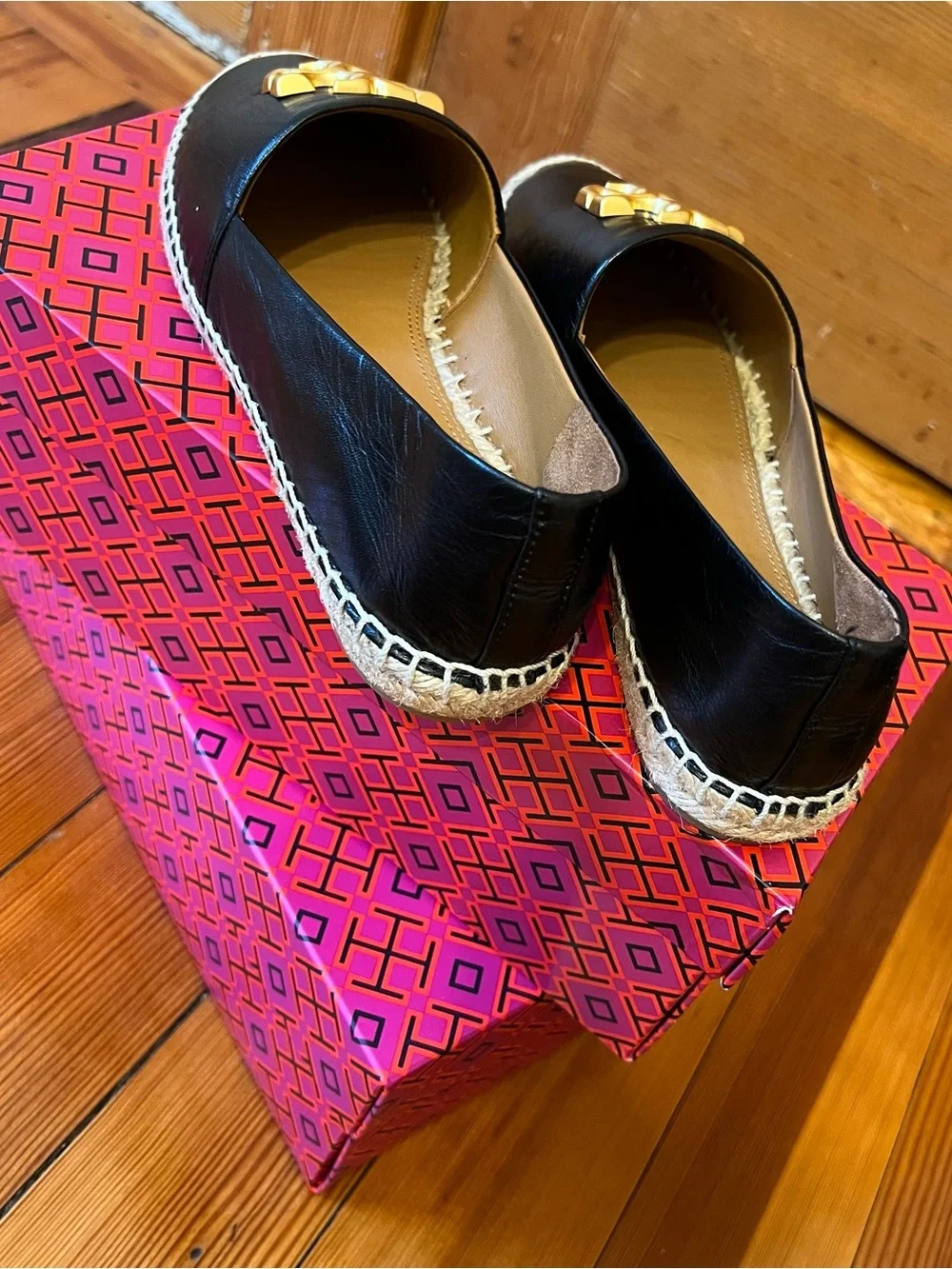 Tory Burch Black Leather Espadrille Flats with Gold Logo